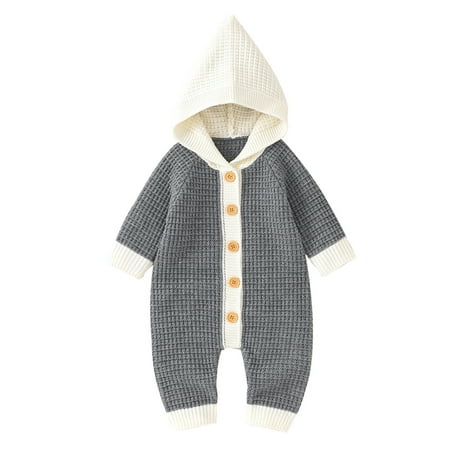 

Boys Sweaters Boys Girls Patchwork Warm Knitted Sweater Baby Hooded Jumpsuit Romper 1 Piece Out