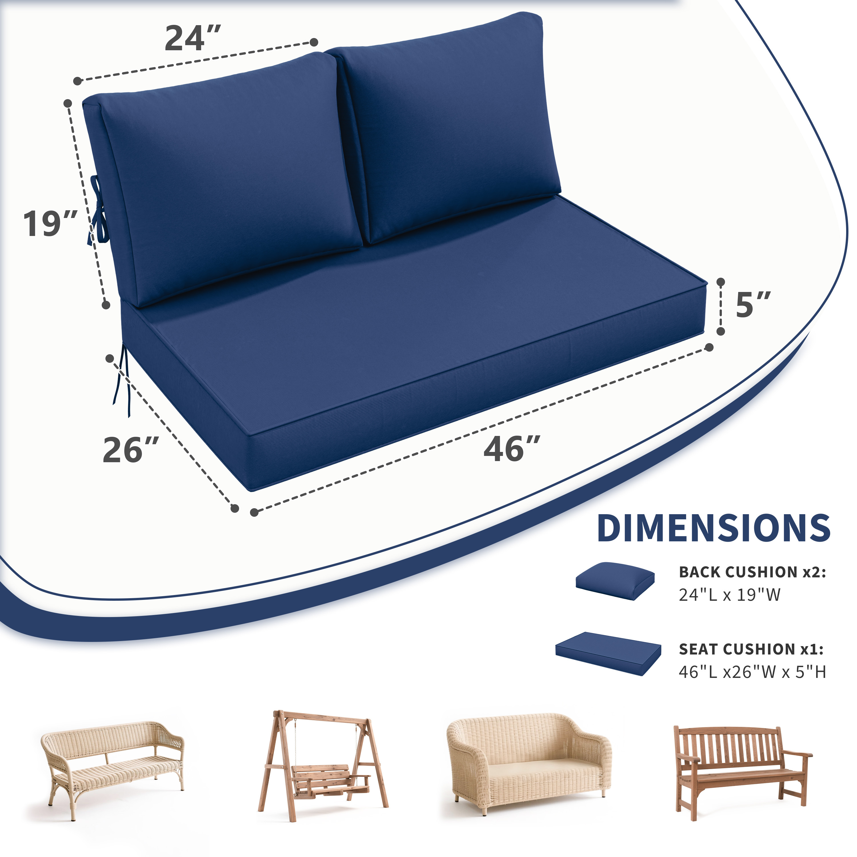 Kimunuk Outdoor Loveseat Cushion Set, 46" x 26" x 5" Waterproof Patio Furniture Cushions for Couch Bench Swing, Blue