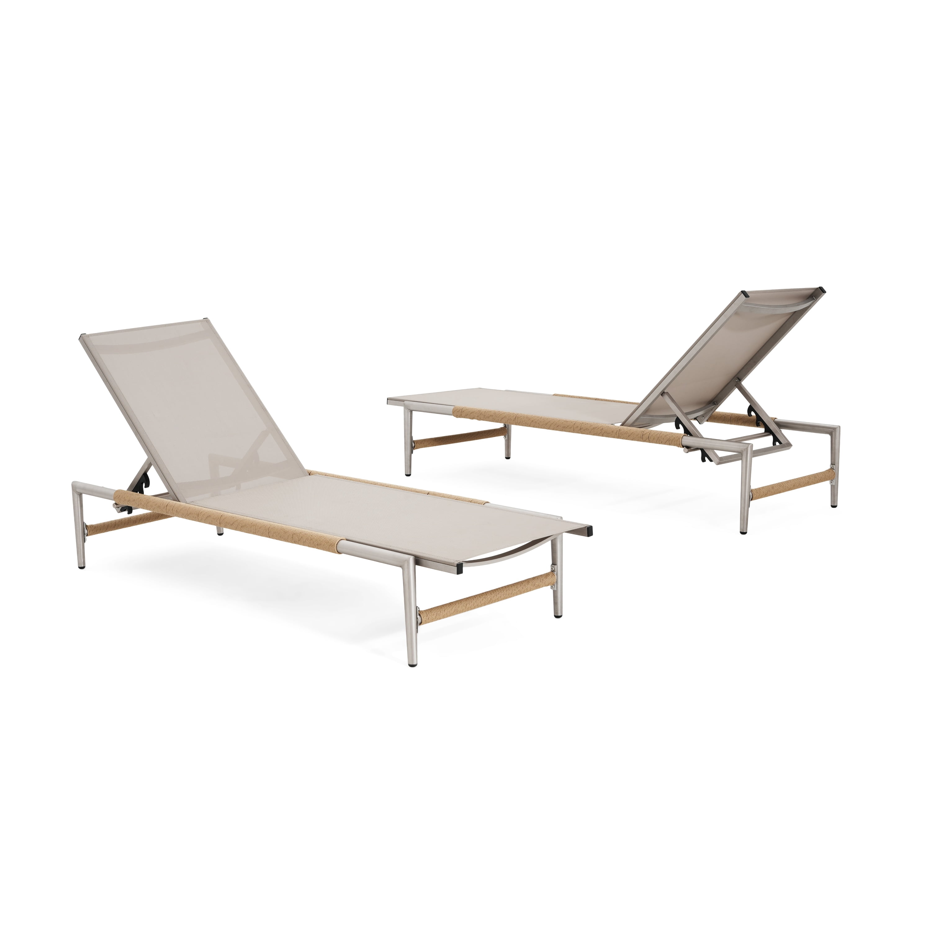 Outdoor Aluminum Frame Patio Chaise Lounges Set of 2 for Poolside Beach Deck, Silver