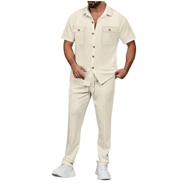 Pantalones Elásticos de la Cintura de los Hombres de Color Sólido Cuello de Vuelta de Manga Corta, Set Deportivo Casual de Bolsillo