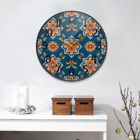 Arabesque Floral Flowers Round Wall Clock 9.5 Inch Non-Ticking Silent Battery Operated Clock for Home Kitchen Office School Decor