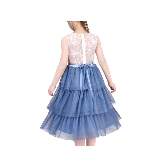 Girls Dress White Lace Blue Layered Ruffle Wedding Birthday Hollow Back 8 Years