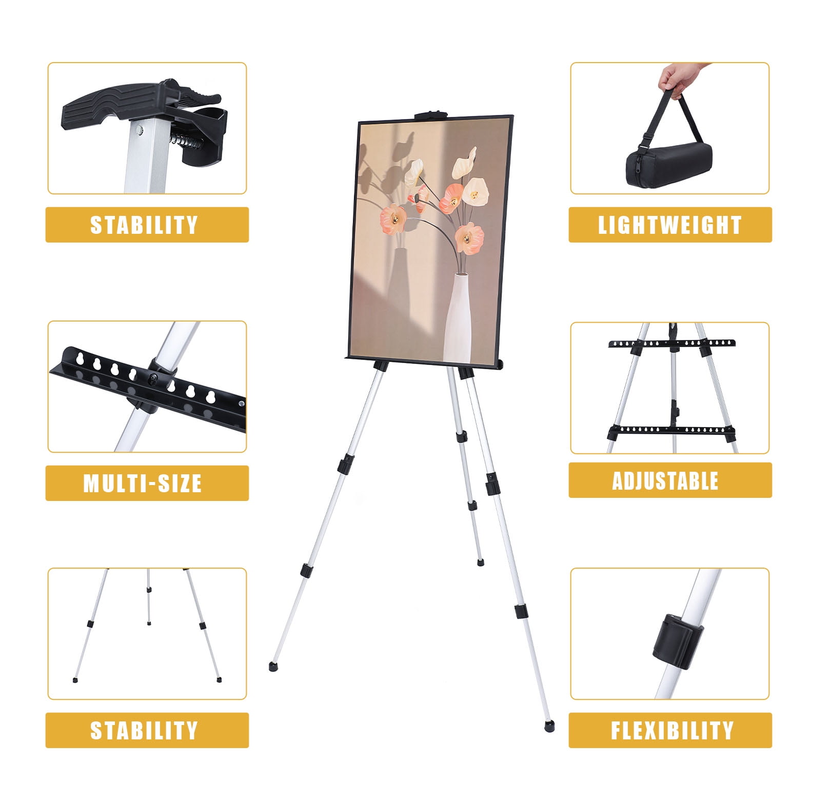 MXG Portable Display Painting Easel Stand,17-61 Inch Height Adjustable Aluminum Art Easel with Bag for Tabletop & Floor Drawing or Displaying,Silvery