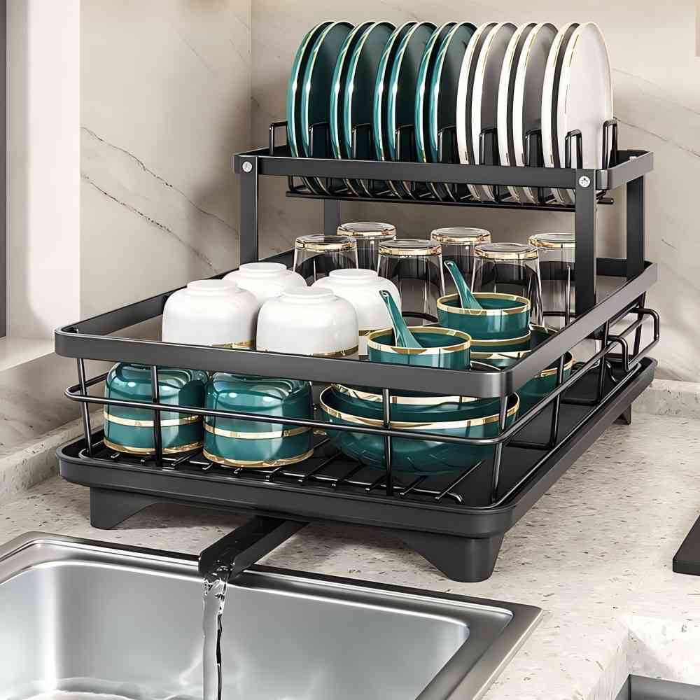Dish Drying Rack- Space-Saving Dish Rack, Dish Racks for Kitchen Counter, Stainless Steel Kitchen Drying Rack with a Cutlery Holder,12''W x 17''L, Black