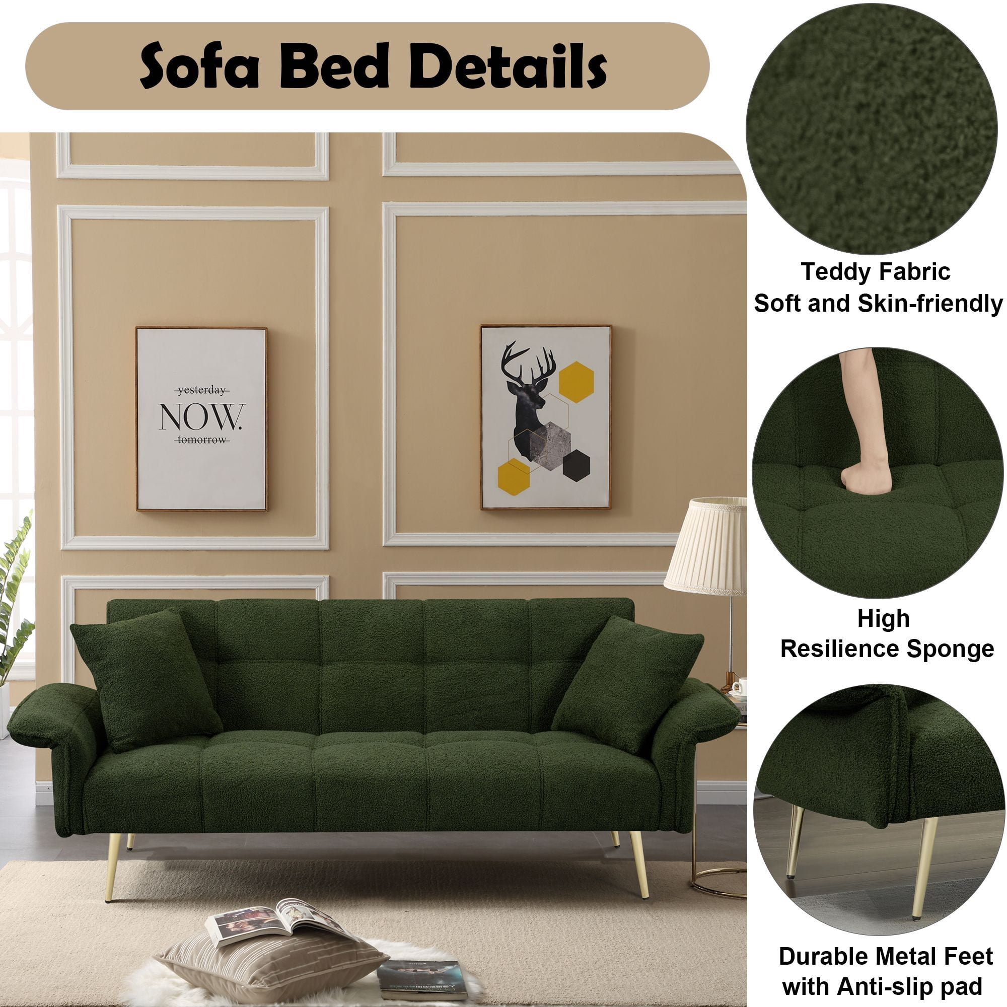DEALTOPS 70'' Modern Loveseat Sofa, Convertible Teddy Fabric Couch with Adjustable Arms, Green