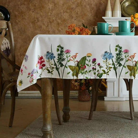 Summer Tablecloth Printed Flower Grass and Vintage Floral Patterns Table Cloth for Easter Tablecloth Picnic Outdoor Home Holiday Long Dining Kitchen (Flower and Grass, 60 x 84 Inch)