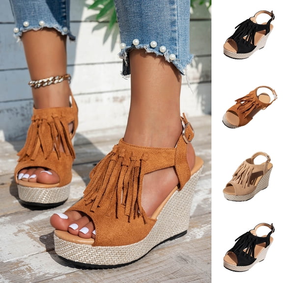 Women Shoes Women's Wedge Platform Sandals Summer Boho Open Toe Tassel Sandals for Women Wide Width Large Sizes Soft Suede Adjustable Ankle Buckle Non Slip Lug Sole Comfort Walking Womens Heels