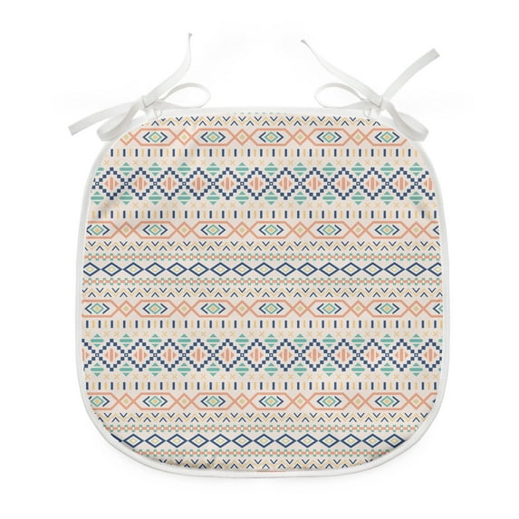 Geometric Dining Chair Pad, Tribal Culture Prehistoric Old Fashioned Lines Squares Design, Water Resistant Pillow with Straps for Kitchen Seats, 8 Pieces Set, Multicolor, by Ambesonne