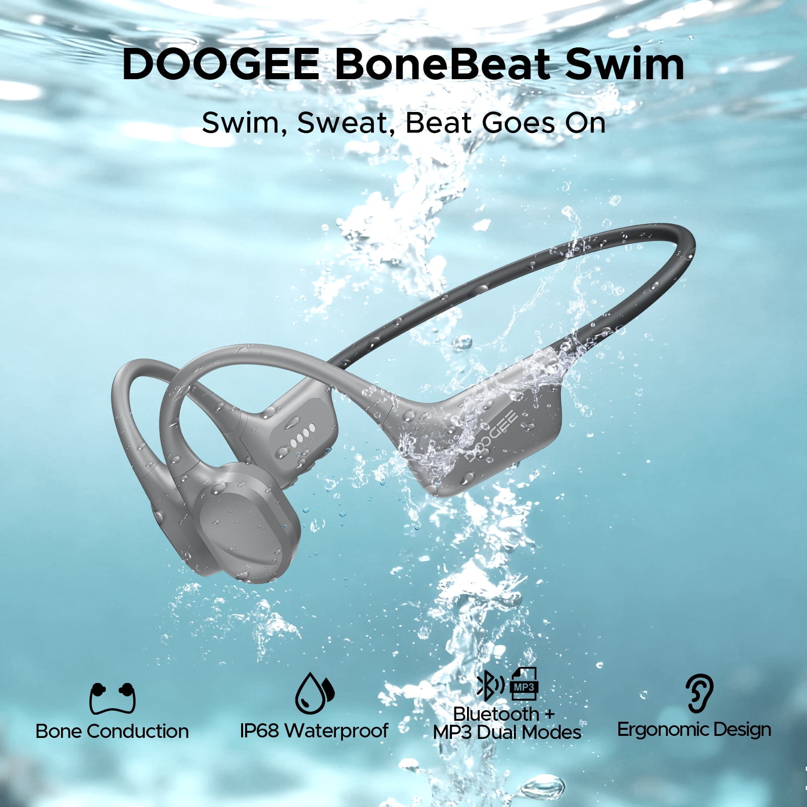 DOOGEE Bone Conduction Headphones, IP68 Waterproof Swimming Headphones Wireless Bluetooth 5.4, Skin Friendly Silicone, 32GB MP3 Mode, Sport Open Earphones for Underwater, Running, Cycling