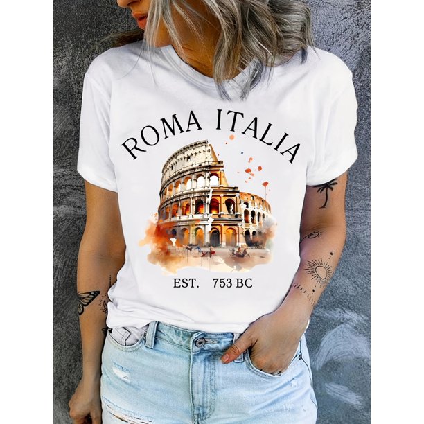 Women'S Summer Casual Crew Neck T-Shirt, Cotton 100% Knit Fabric, Medium Stretch, Geometric-Colosseum Print, 190g/m² - Rome Italy Graphic Tee