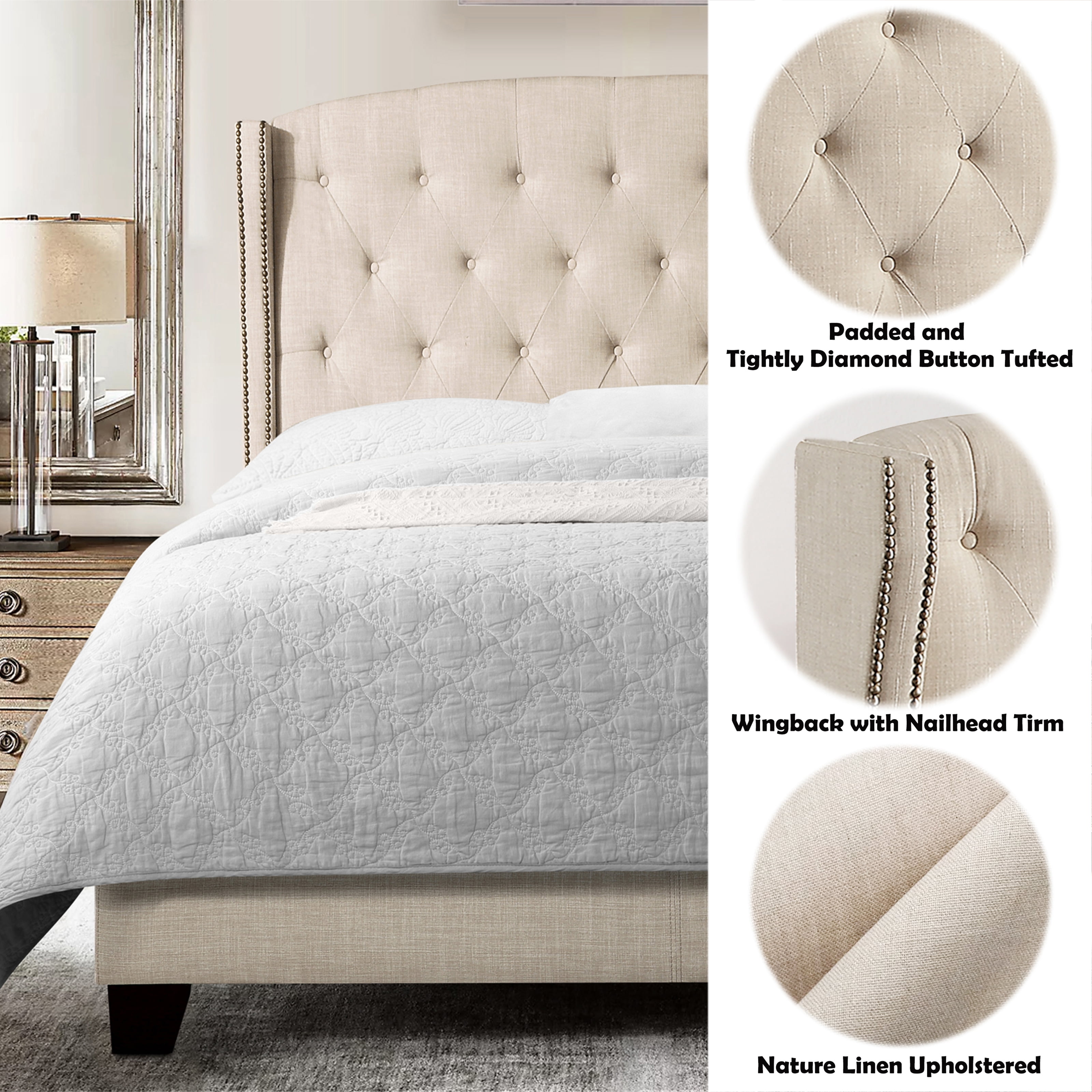 Gewnee Queen Size Upholstered Wingback Bed Frame with Adjustable Headboard