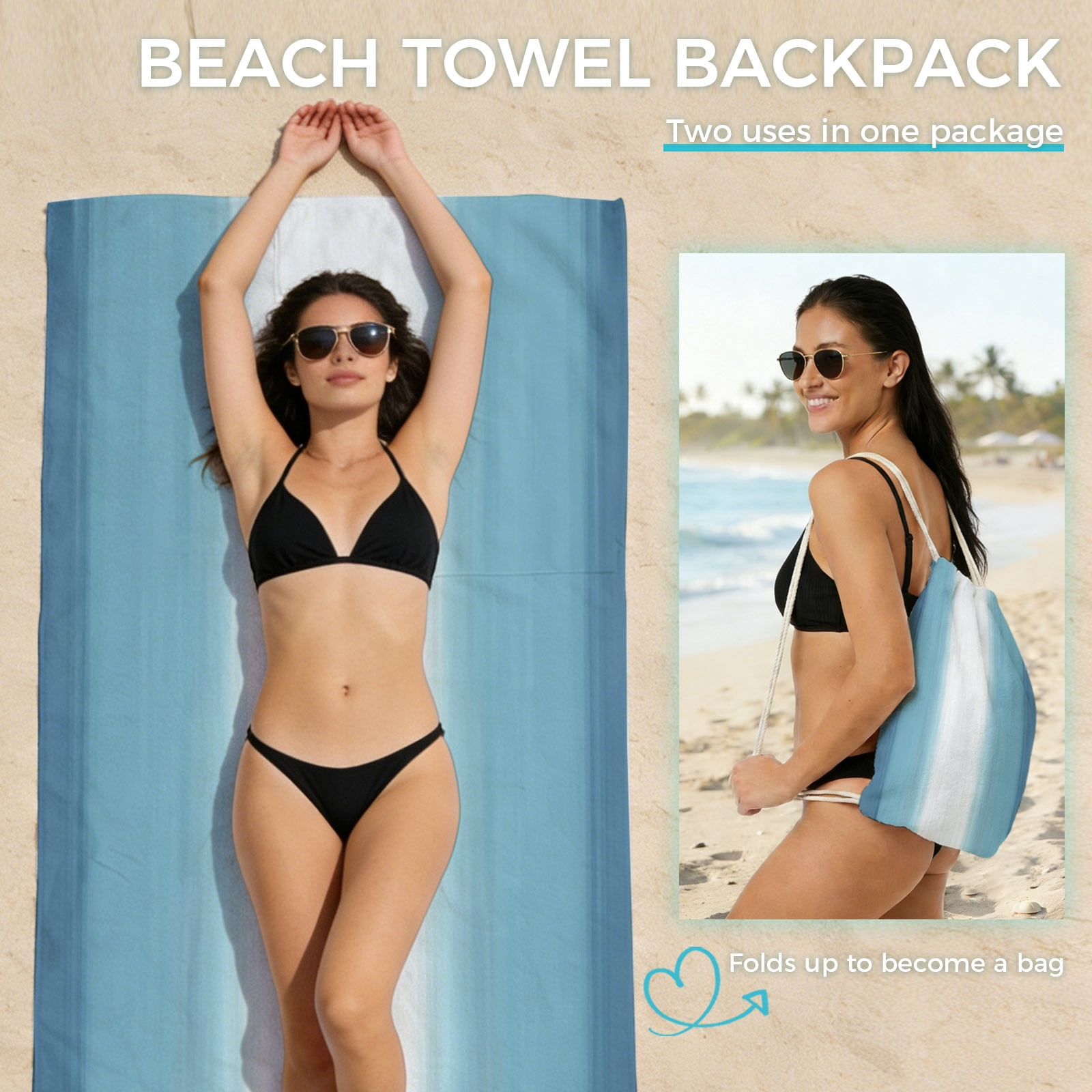 Beach Towel Bag 2 in 1 Sky Blue Stripes Bath Pool Towels Backpack Beach Ombre Vertical Striped Absorbent Beach Towel Soft Quick Dry Lightweight Towels Drawstring Bag for Travel Camping Sports Picnic