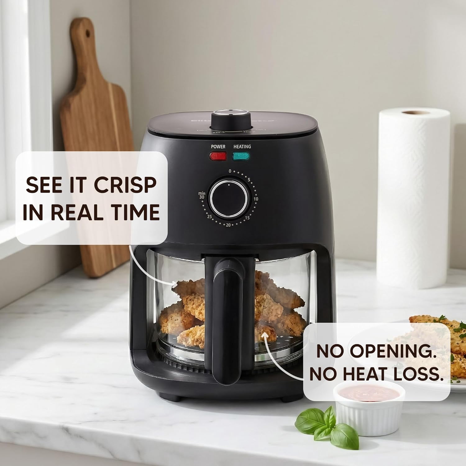 Glass Fryer 2.4 Qt Compact PFAS- Ceramic Basket Adjustable Temp 175-400F 1150W Black