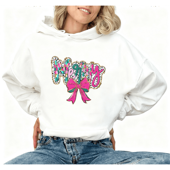 Christmas Merry Pink Bow Leopard Graphic Tee T-Shirt Print Top Hooded long-sleeved White S-2XL