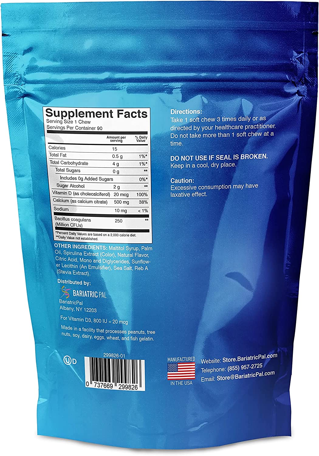 BariatricPal Sugar-Free Calcium Citrate Soft Chews 500mg with Probiotics - Blue Raspberry Size: 90ct