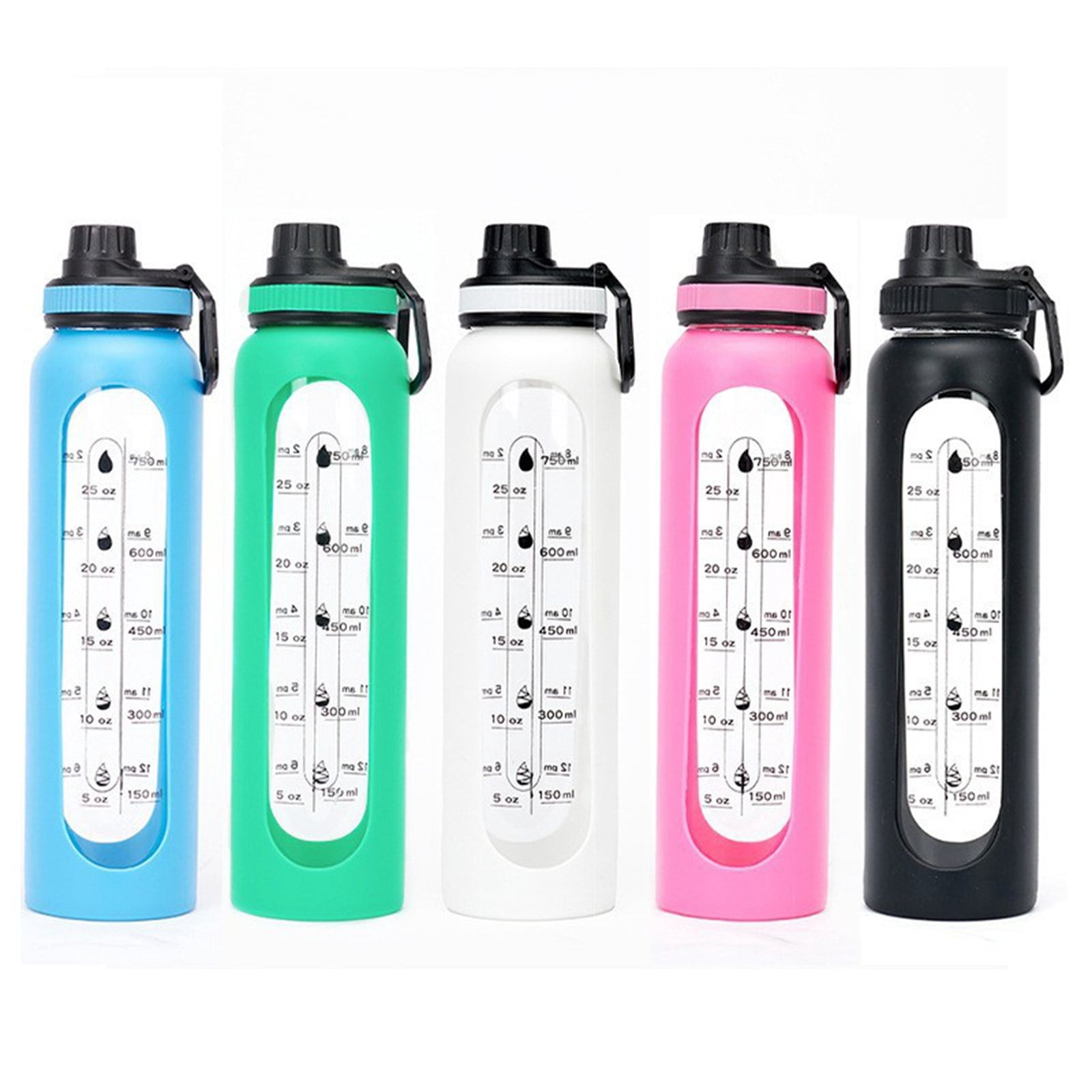 32 oz Glass Water Bottle with Straw and Handle, Sports Motivational Water Flask with Silicone Sleeve, Large Leakproof Water Flask Cup with Time Marker for Travel, Gym