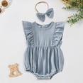 thumbnail image 2 of Pandaie 3-18M Newborn Baby Girl Summer Outfit Bow Headhand Smocked Bubble Romper Sleeveless Linen Bodysuit Infant Jumpsuit Clothes Blue 18M(12-18 Months), 2 of 7