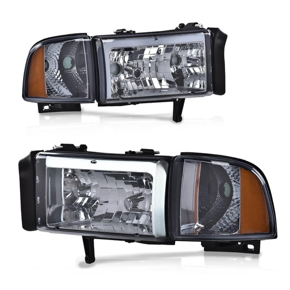 PIT66 LED Headlights Fit for 1994-2002 Dodge Ram 1500 2500 3500 Headlamps Assembly Smoked Lens Black Housing Amber Reflector
