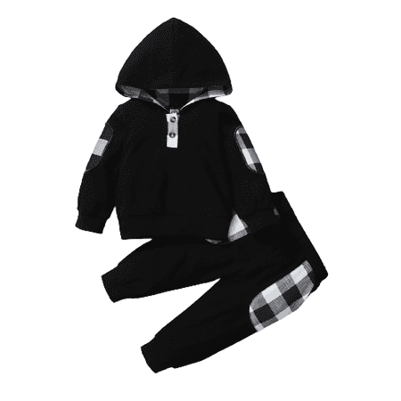 

Kucnuzki 12 Months Baby Boy Winter Outfits Pants Sets 18 Months Long Sleeve Contrast Checked Prints Hooded Sweatshirt Tops Elastic Pants 2CS Set Black Gray