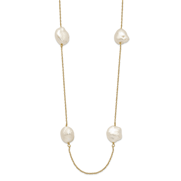 14K Yellow Gold 10-11mm White Keshi Freshwater Cultured Pearl 7-Station Necklace
