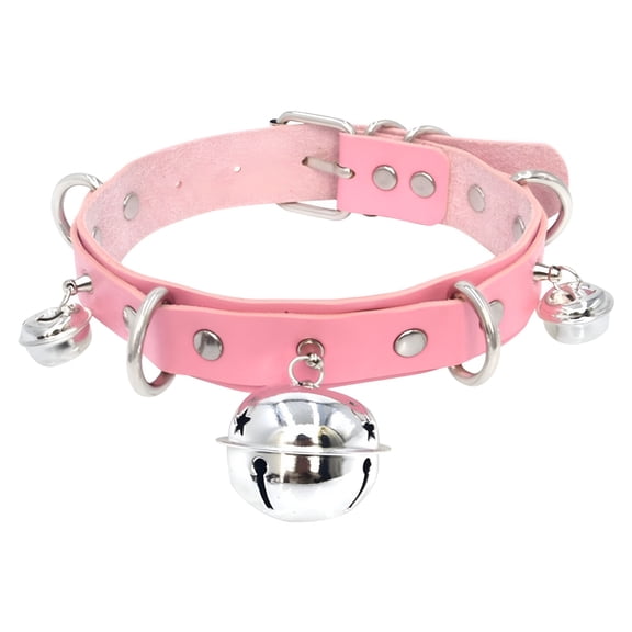 DESIGNICE Punk Exaggerate PU Leather Collar Personality Bell Neckchain Neckband Collar Necklace, Pink