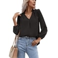 thumbnail image 4 of Top de manga larga para mujer, cuello en V, escote con volantes, patrón de puntos, mangas largas abombadas, Color puro, camisa para mujer para oficina, cita de trabajo, negro L, 4 of 7