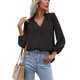thumbnail image 4 of Top de manga larga para mujer, cuello en V, escote con volantes, patrón de puntos, mangas largas abombadas, Color puro, camisa para mujer para oficina, cita de trabajo, negro M, 4 of 7