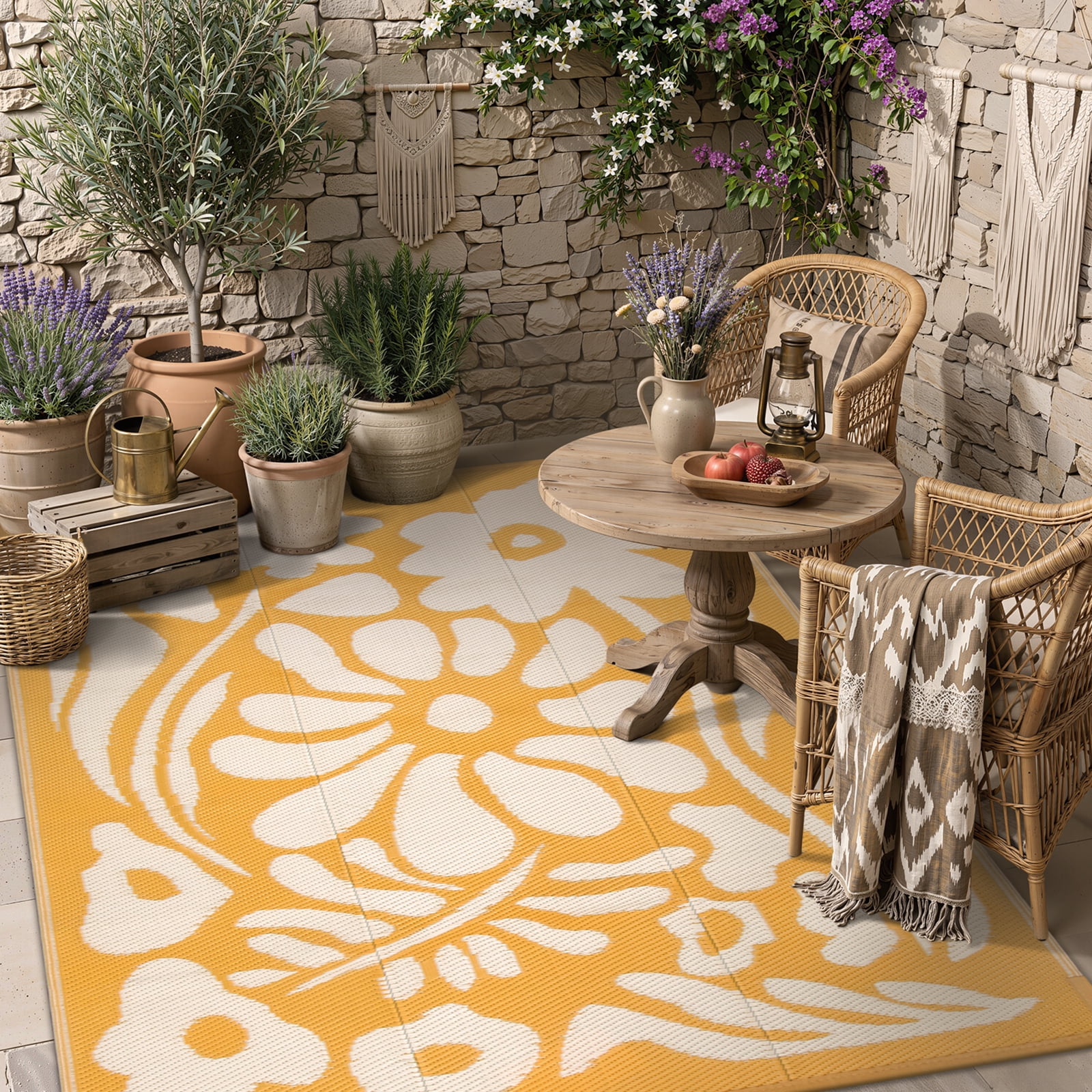 Lahome 4'x6' Waterproof Outdoor Rug, Reversible Straw Mat Patio Carpet - Orange Abstract Floral Design for RV Balcony Beach Garden Deck (Orange, 4'x6')