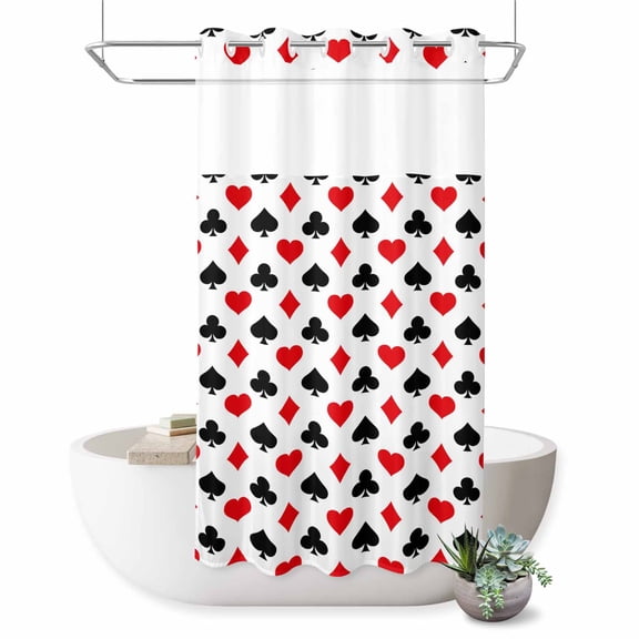 No Hook Shower Curtain with Built-in Rings - Poker Game Texture Washable Waterproof Fabric Bathroom Curtains for Hotel,Rentals, Stall 36 X 78 Inch , Red Black Casino Pattern