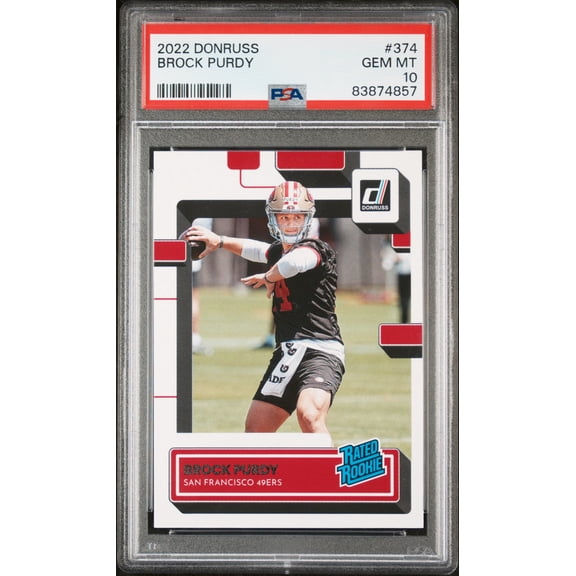 Brock Purdy 2022 Donruss Rated Rookie Football Card #374 Graded PSA 10 Cert 83874857