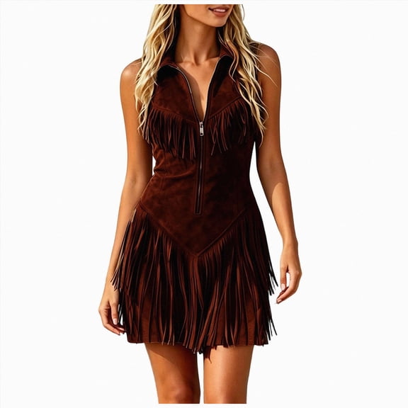 yboeqw Women Sleeveless Fringe Mini Dress Zip Front Collared Western Cowgirl Halloween Costume Short Dresses Size XXL