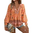 thumbnail image 3 of Women'S Casual Boho V Neck Top Loose Floral Printed Long Sleeve Beach Shirts Blouses Orange Color L, 3 of 9