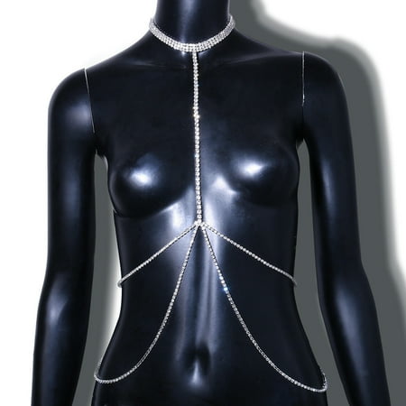 MATROOY Harness Necklace Rhinestone Bra Chest Multilayer Body Chain Women Beach Jewelry-silver