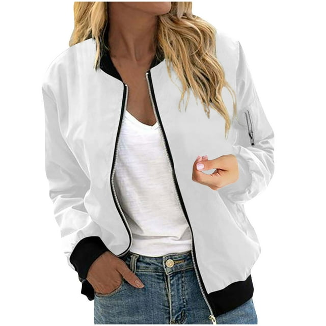Womens Fashion Jacket Casual Stand Collar Zip Up Lightweight Coat Fall Color Block Jackets with Pockets White L