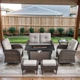 thumbnail image 2 of POCASSY 7 Pieces Fire Pit Table Set Patio Furniture with Glider Loveseat, All Weather Outdoor Conversation Set with Cushioned Patio Loveseat and Patio Swivel Chairs, Brown Wicker Beige Cushion, 2 of 18