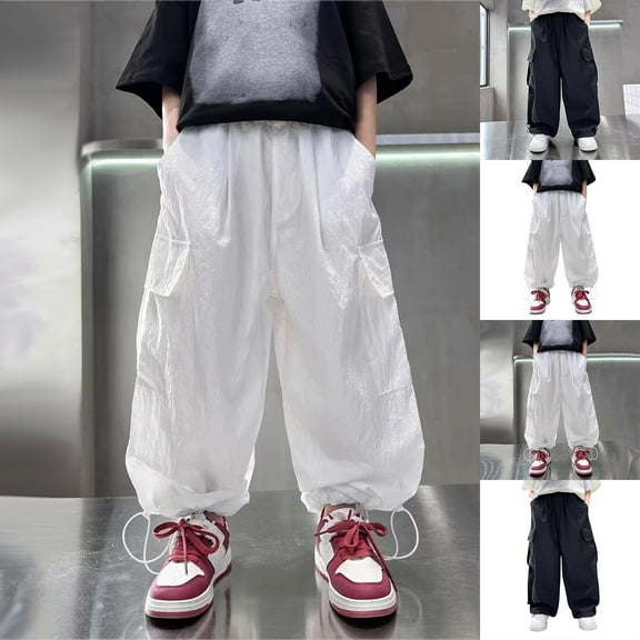 Jinhomg Boy's Baggy Parachute Pants Quick Dry Lightweight Elastic Waist Hiking Pants with Pockets White 120