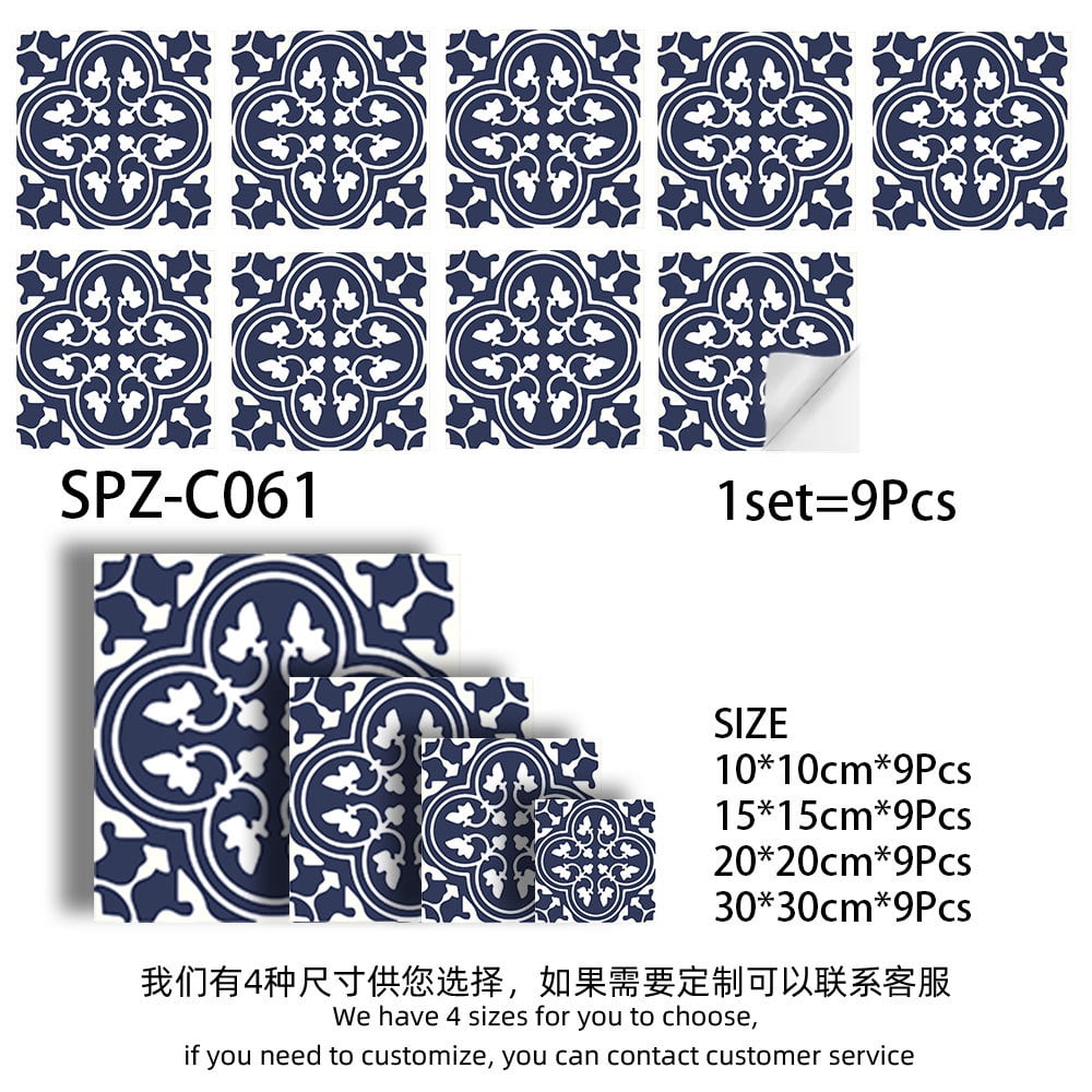 Encaustic Peel and Stick Backsplash, Blue Patterned Stick on Tile, Self-Adhesive Wall Tile Sticker for Kitchen Bathroom Fireplace Stairs, 9 Sheets