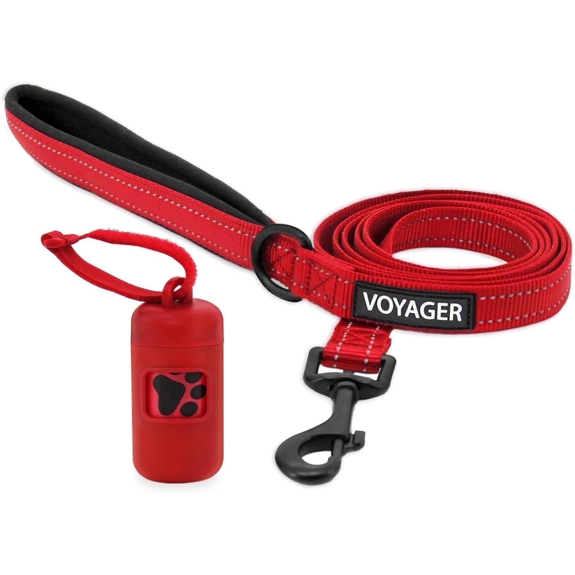 Voyager Reflective Leash with Red Bag Dispenser, Durable and Stylish, Ideal for Walking, Running, and Training - Red, M