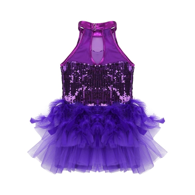 vastwit Robe de Danse Latine Jazz à Sequins pour Filles, Justaucorps, Costume de Performance, Violet 16