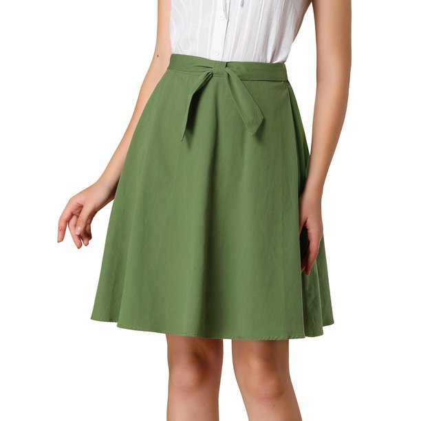 Falda Acampanada Plisada Algodón Allegra K Verde Oliva M