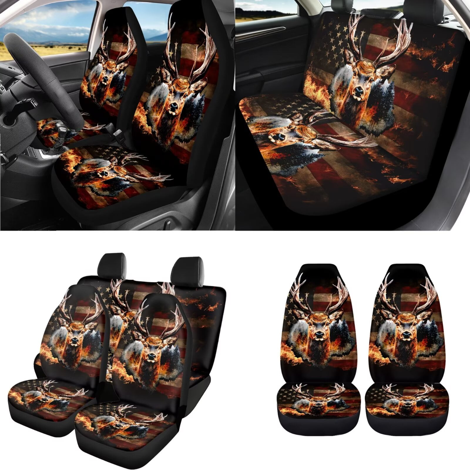 Uorisanigo American Flag Deer Front and Back Seat Covers with Seatbelt Shoulder Pad Center Console Cover Steering Wheel Wrap Headrest & Gear Shift & Handbrake Covers Coasters Keychain,18 Pieces