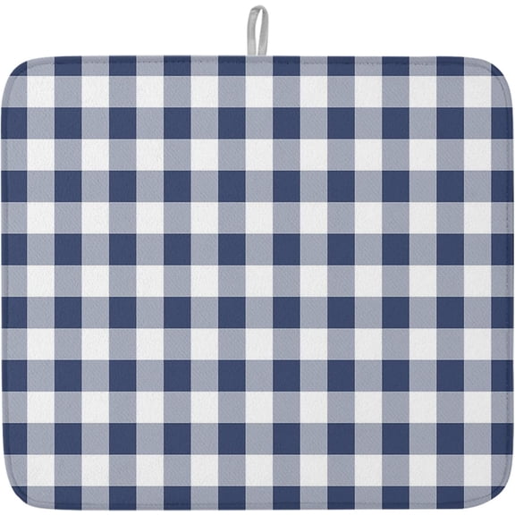 Navy Blue White Plaid Dish Drying Mat for Kitchen Counter, Farmhouse Checkered Buffalo Baby Bottle Microfiber Drying Pad, Absorbent Coffee Cup Dishes Drainer Mats 18"x24"