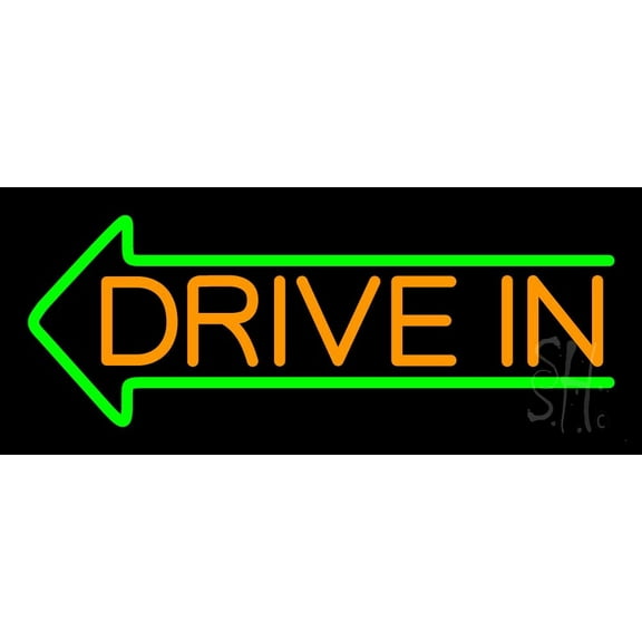 Orange Drive In Green Arrow LED Neon Sign 10" Tall x 24" Wide - inches Black Square Cut Acrylic Backing, with Dimmer - Premium built indoor Sign for Drive In Cinema.