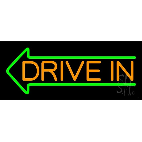 Orange Drive In Green Arrow LED Neon Sign 6" Tall x 15" Wide - inches Black Square Cut Acrylic Backing, with Dimmer - Premium built indoor Sign for Drive In Cinema.