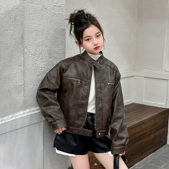 HWRETIE Fall Outfit Boys and Girls Leather Jacket Stand Collar Motorcycle Children's Velvet Leather Coat Brown