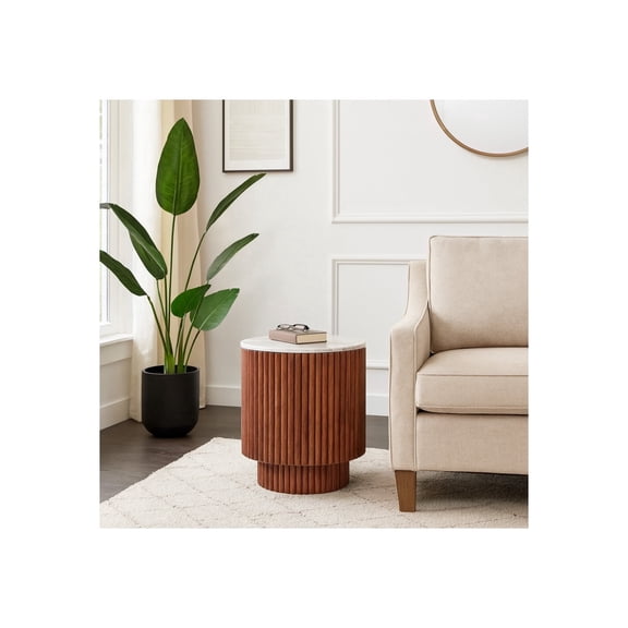 Side Table with Fluted Brown Base and White Marble Top - Modern Accent Piece for Small Spaces and Home Decor - Stylish End Table or Night Stand for Bedroom or Living Room - 20", Ivory and Brown