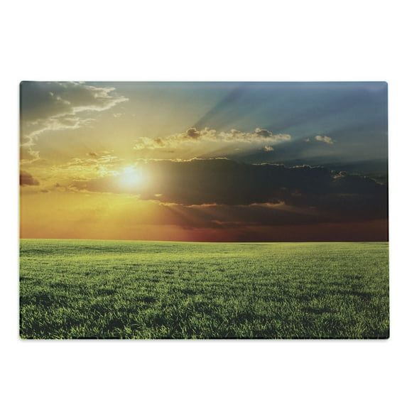 Rustic Cutting Board, Dramatic Sunset Agricultural Field Sunbeams Bursting Through Dark Clouds Scene, Decorative Tempered Glass Cutting and Serving Board, Large Size, Green Yellow, by Ambesonne