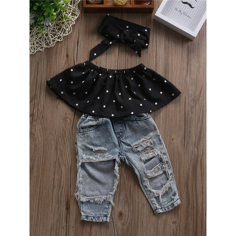 Gwiyeopda Toddler Kids Baby Girls Clothes Off Shoulder Tops Holes Denim  Pants Outfits 1-6Y