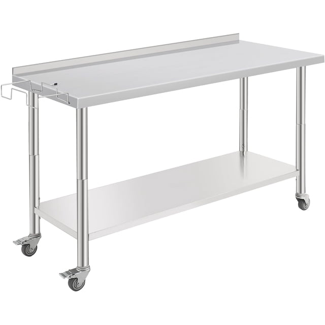 60 In x24 In x35 In Rolling Stainless Steel Work Table with Adjustable Undershelf Back Guard and Hooks - Heavy Duty Prep Table for Kitchen and Restaurant