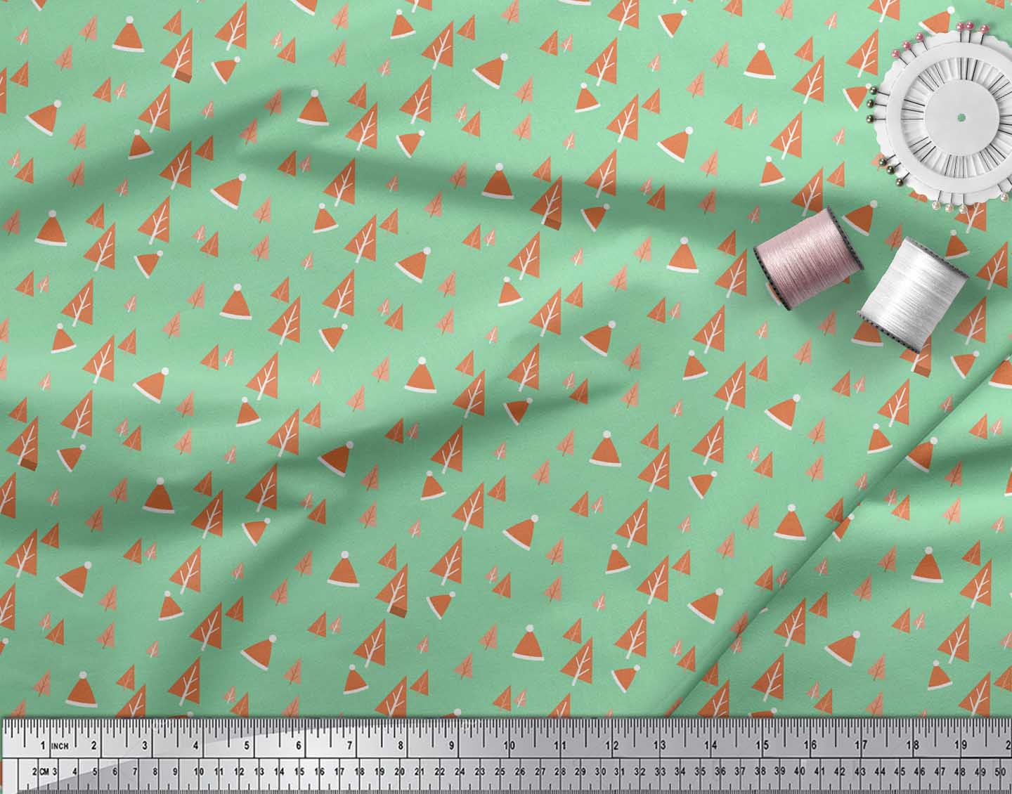 Soimoi Green Georgette Viscose Fabric Santa Cap & Tree Christmas Printed Craft Fabric by the Yard 42 Inch Wide